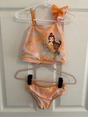 Disney Princess Orange 2 Piece Swimsuit With Ruffle Strap And Flor Detail - 3T